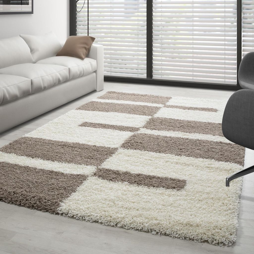 Beigefarbener Hochflorteppich mit geometrischen Mustern für Wohn-/Schlafzimmer – Florhöhe 30 mm 240 x 340 cm