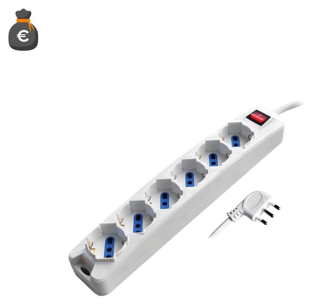 Alcapower Steckdosenleiste 6-fach Schuko Bipasso, 1,5m Kabel, 90° Stecker - Ideal für Home & Office - Kompaktes weißes Design