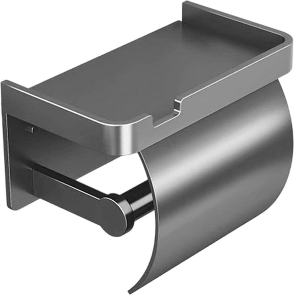 Toilettenpapierhalter Wandmontage, 2-in-1 Ablagefläche, Pilzgriff, Wasserfest, Schwarz Aluminium, Rollen- & Boxpapier, Badezimmer Organizer