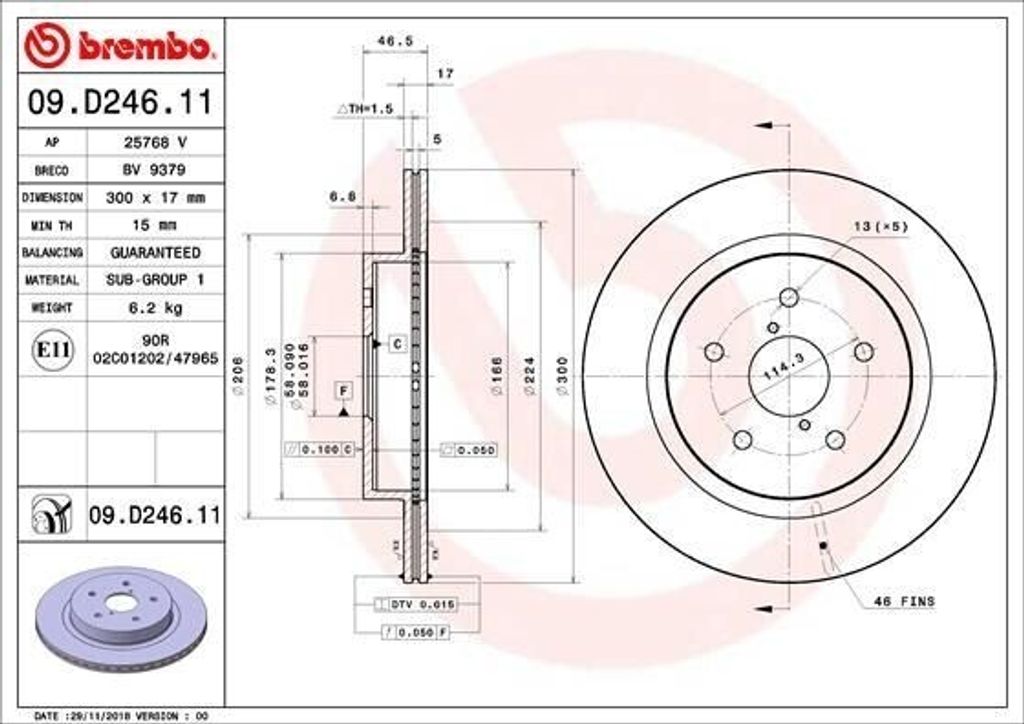 2x BREMBO Bremsscheibe 09.D246.11 für SUBARU Outback (BR) Produktbild 