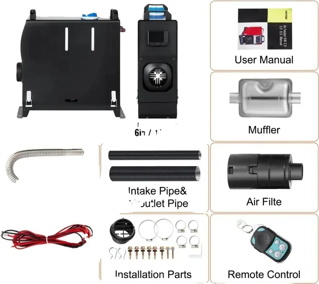 Chauffage diesel compact 8 kW noir avec commande LCD pour intérieur de van