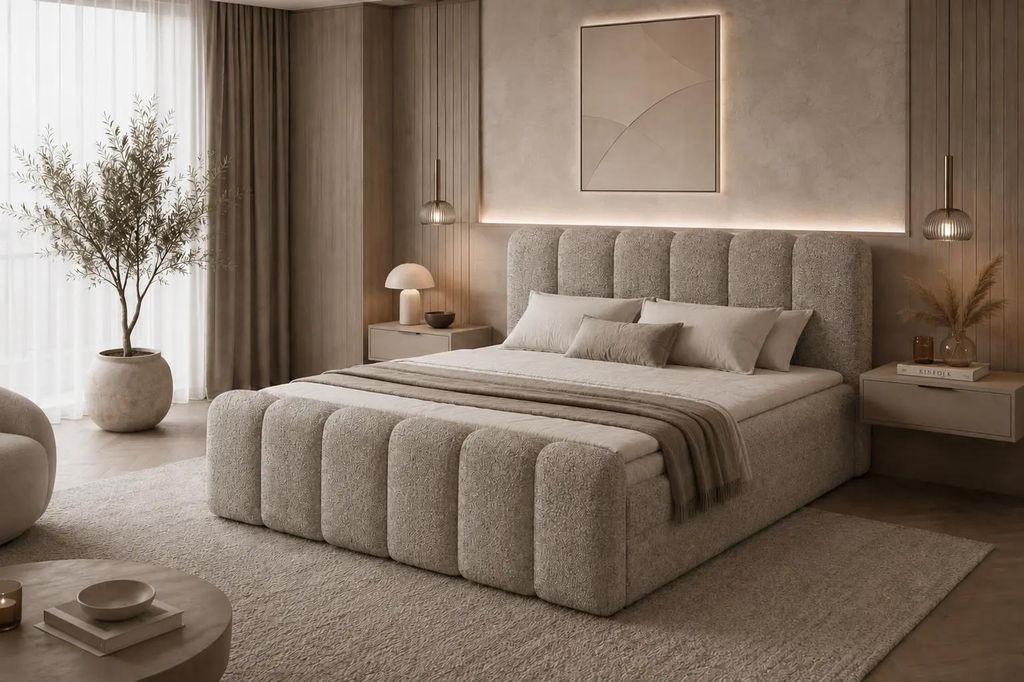Boxspringbett LETT 160x200 cm Beige Bouclé mit Bettkasten & Topper - Modernes Polsterbett Coral 50