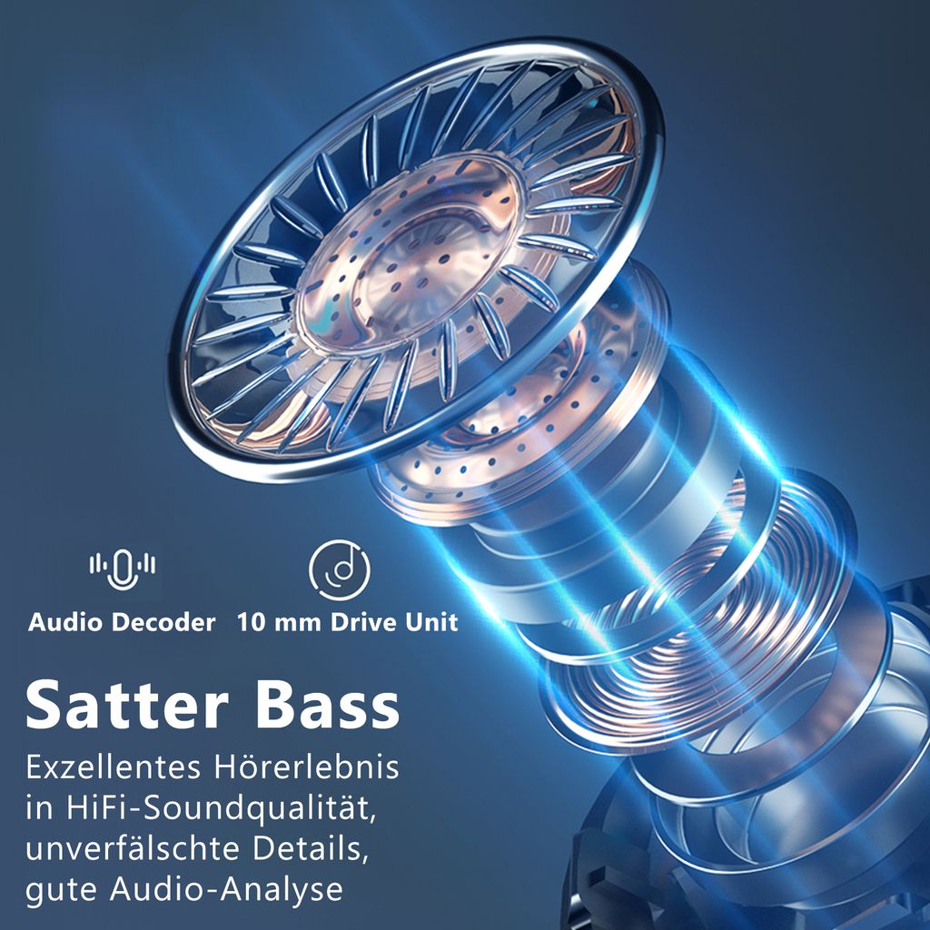 Close-up diagram of an earphone driver unit with glowing blue light effects and marketing text.