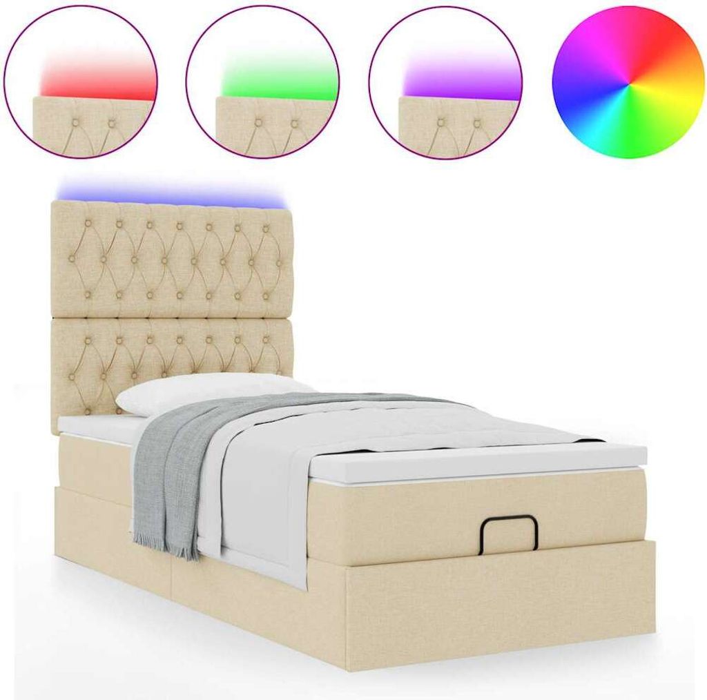 Ottomane Bett mit Matratze & LEDs Creme 90x200 cm Stoff
