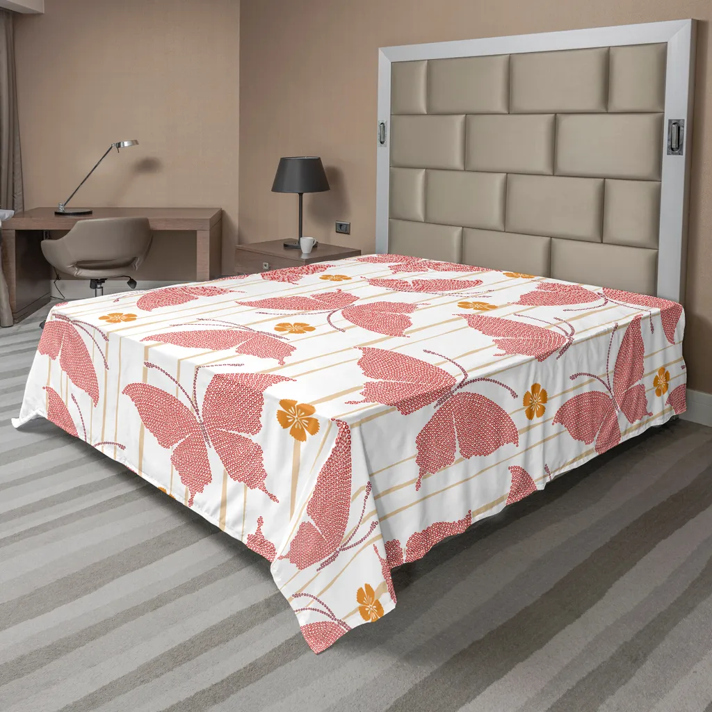 Drap de lit plat ABAKUHAUS motif papillon rouge et crème 260 x 228 cm