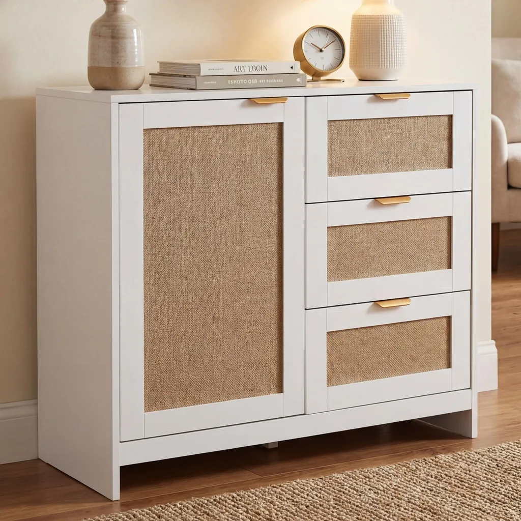 Commode HWC-P50 blanche buffet haut scandinave avec façade lin