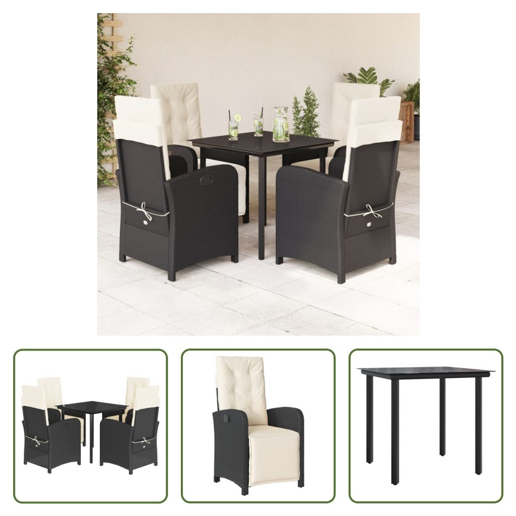 The Living Store 5-tlg. Garten-Essgruppe mit Kissen Schwarz Poly Rattan