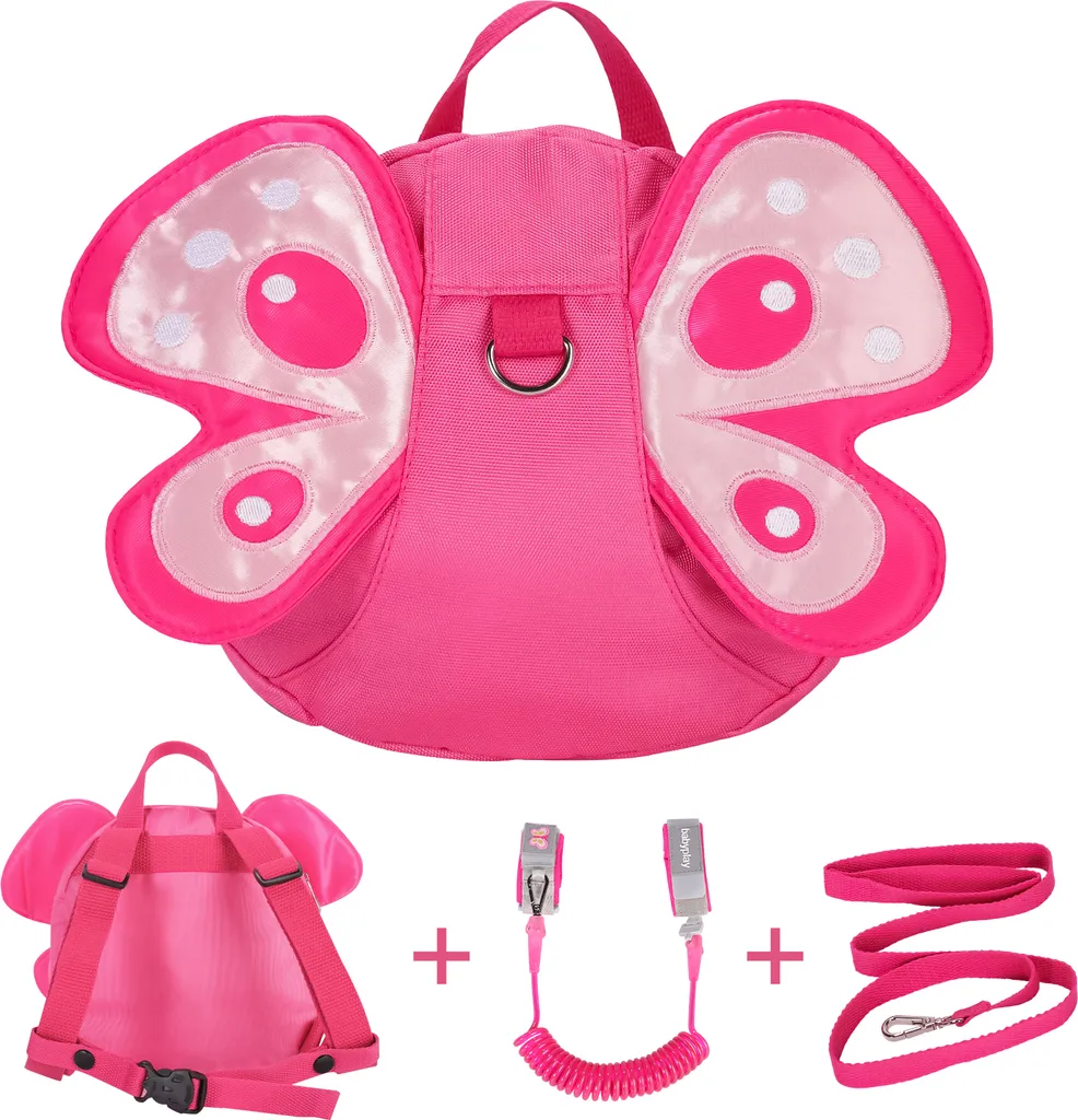 Sac à dos enfant anti-perte avec laisse de sécurité motif papillon rose