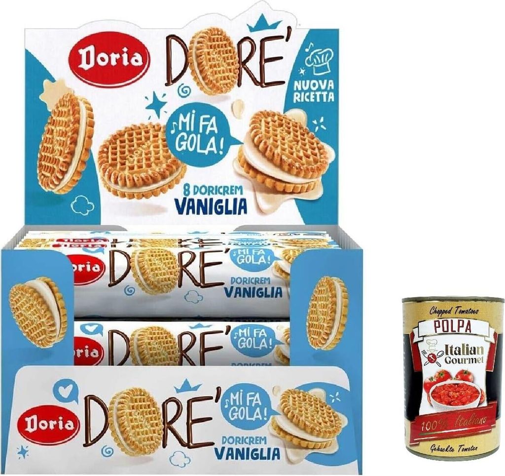 Doria Dore' Biscotti Frollini con Ripieno alla Vaniglia, Mürbeteig Kekse mit Vanillefüllung, Multipack BOX 20x75g + Italian Gourmet polpa 400g