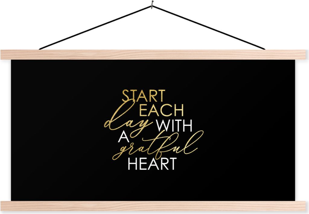 MuchoWow Textilposter Zitate - Herz - Gold - Weiß 120x60 cm mit holzfarbenen Rahmen - Klemmleiste