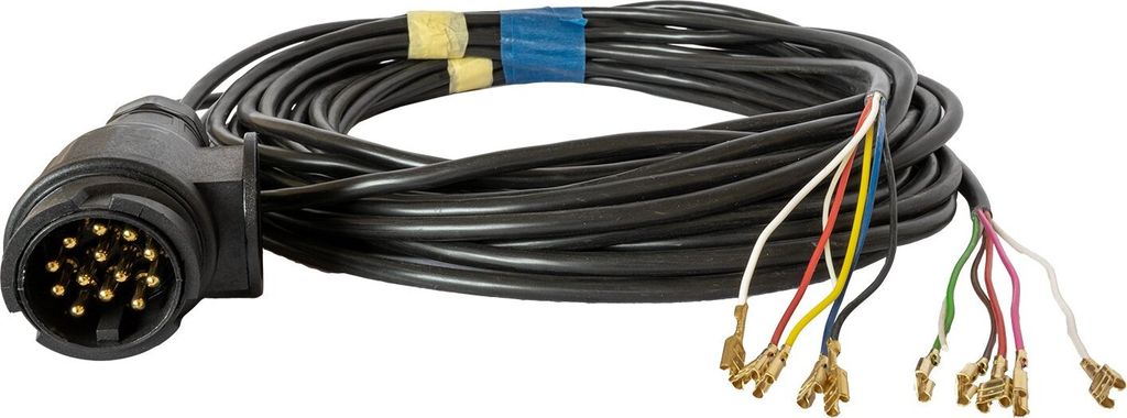 A coiled black cable with a multi-pin connector on one end and several wires with terminal connectors on the other end, against a white background.
