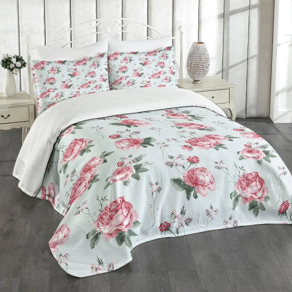 Set Copriletto ABAKUHAUS 220x220 Rose Inglesi - Design Verde Reseda Chic