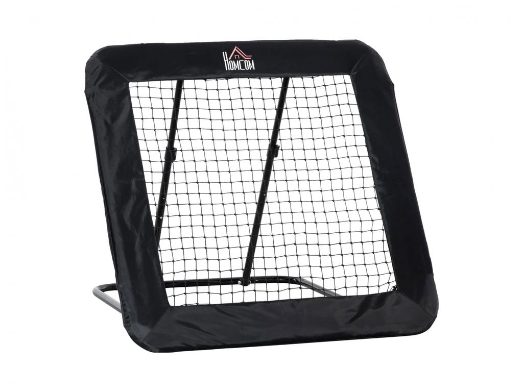 A black soccer rebounder net is shown against a white background.