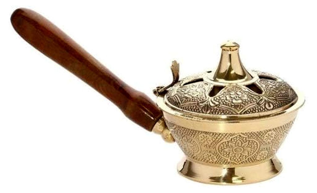 Räucherpfanne Holzgriff Handarbeit Messing Räuchergefäß Esoterik Gold Deko 1542