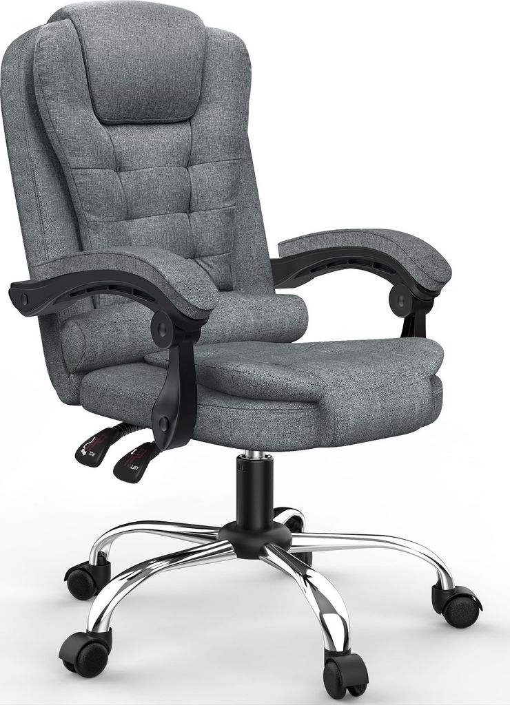 A gray office chair with a high back and adjustable features is shown against a white background.
