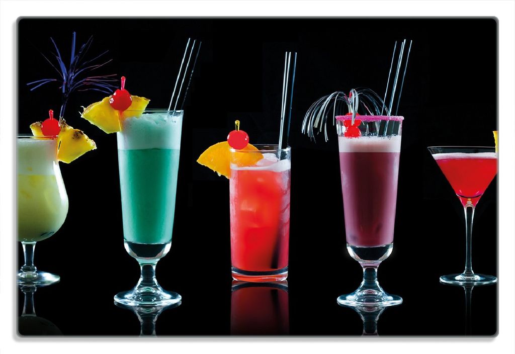 Wallario Frühstücksbrettchen aus Glas 20 x 30 cm mit rutschfesten Füßen, Motiv Bunte Cocktails vor schwarzem Hintergrund