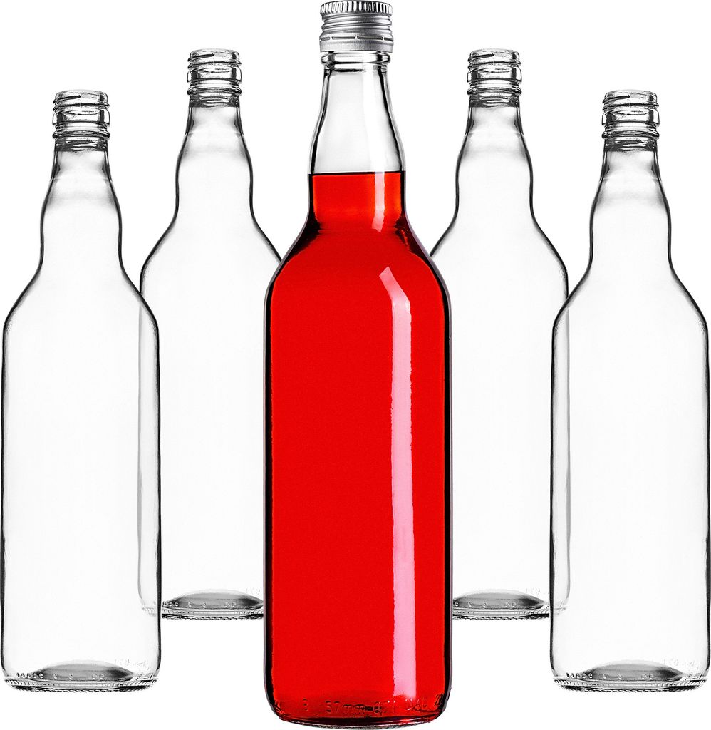 Five glass bottles are arranged on a white background. One bottle in the center is filled with red liquid, while the other four are empty.