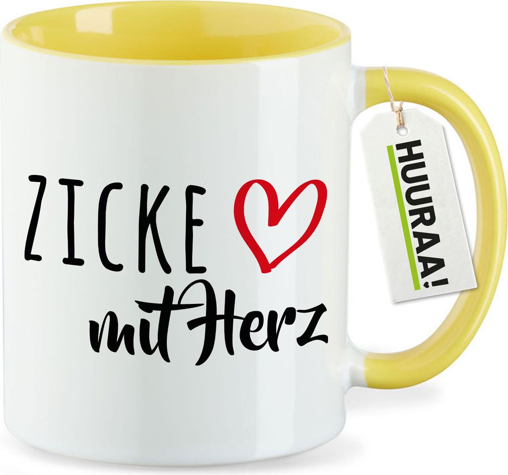 Huuraa Kaffeetasse Zicke mit Herz 330ml Gelb Keramik Kaffeebecher Geschenkidee