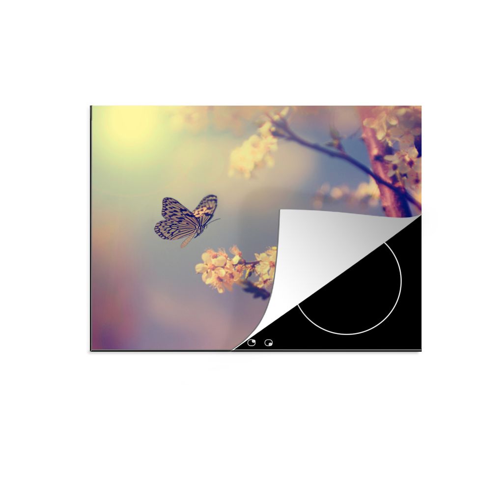 KitchenYeah Herdabdeckplatte Schmetterlinge - Blüte - Zweig - Baum , 77x59cm, Küche Deko, Glaskeramikkochfeld Herdabdeckung, Abdeckplatte fùr ...
