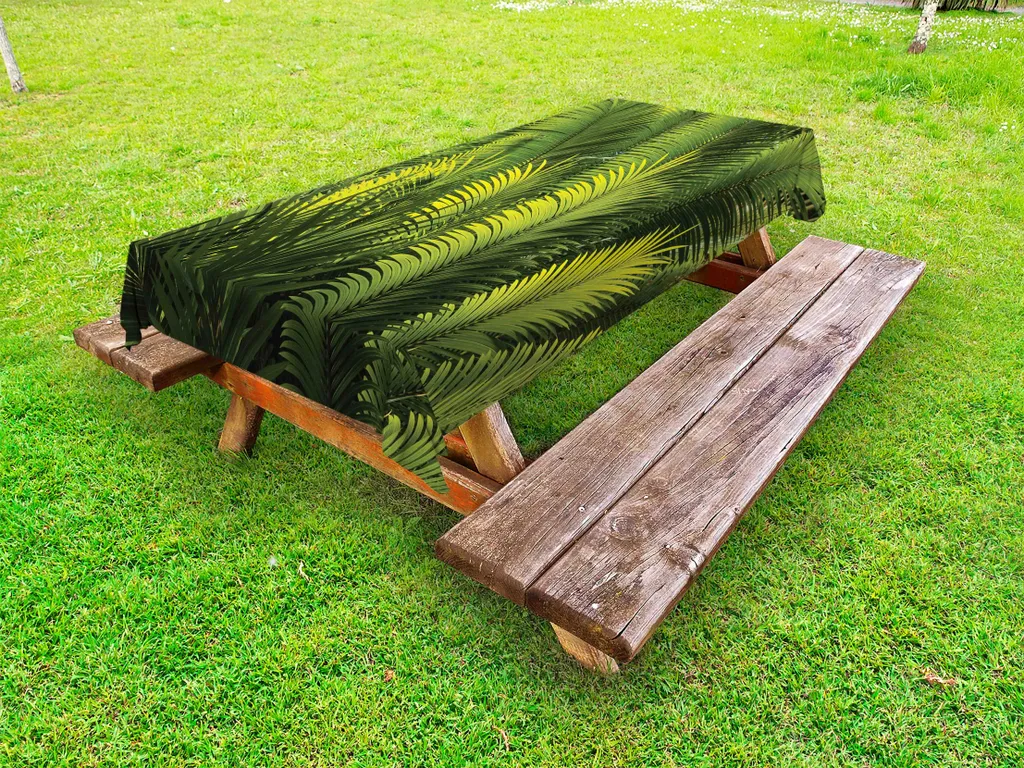 ABAKUHAUS Tovaglia da tavolo Outdoor, foglie di palma, piante tropicali, tema boschivo, immagine esotica di bellezza naturale, verde, 145x265 cm