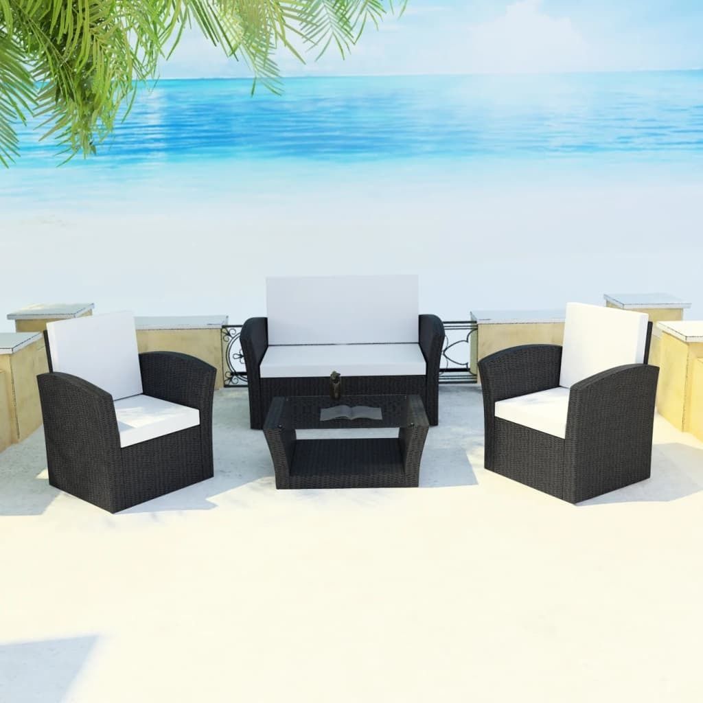 The Living Store 4-tlg. Garten-Lounge-Set mit Kissen Poly Rattan Schwarz