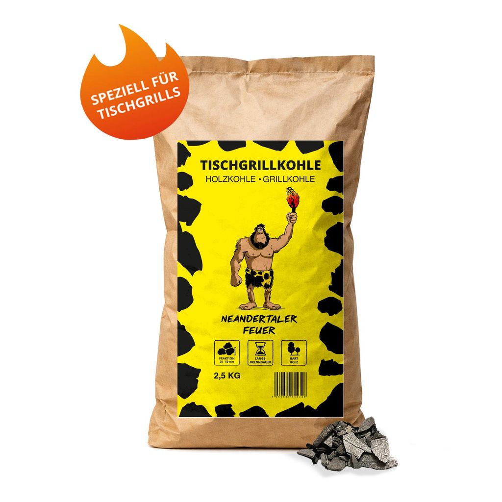 Neandertaler Feuer Tischgrillkohle Holzkohle Grillkohle 2,5 kg Grill Kohle Tischgrill Balkon Dutch Oven Minigrill BBQ Grillholzkohle Buchenholzkohle