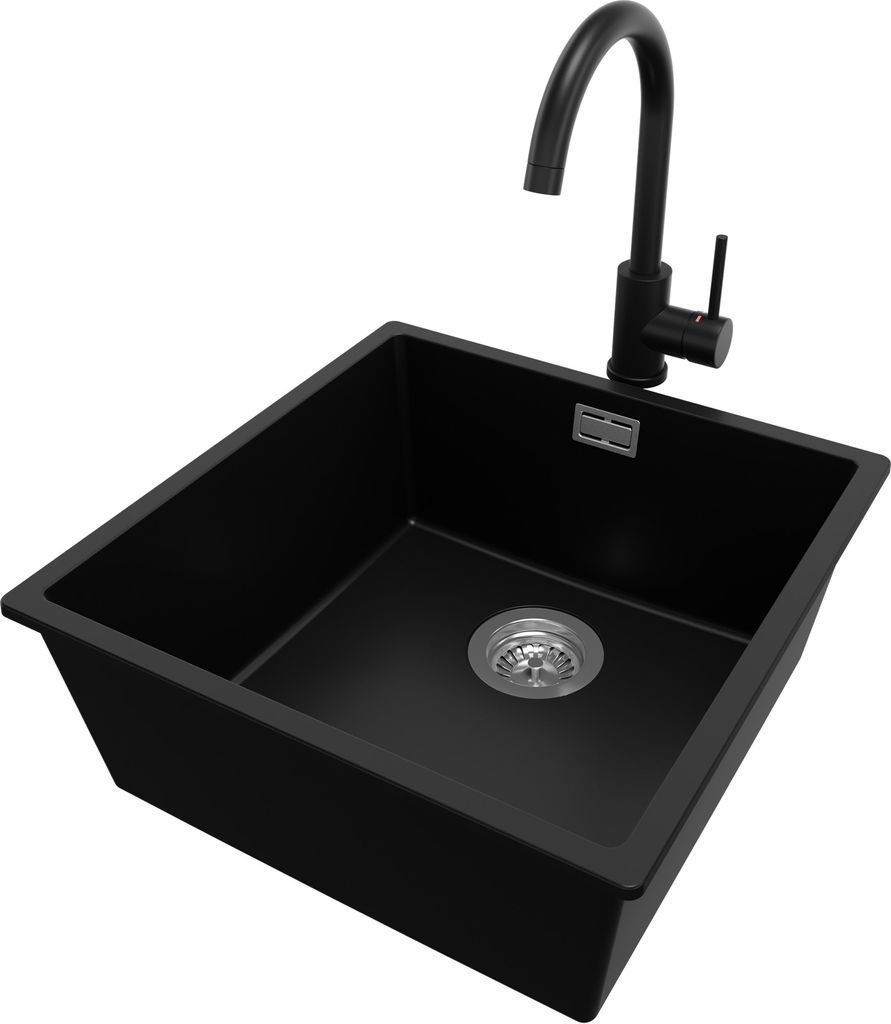 PRIMAGRAN Granitspüle Schwarz 46x47cm, Spülbecken 1 Becken + Küchenarmatur 32x20cm + Ablauf-Set, Küchenspüle ab 50er Unterschrank - London Slim