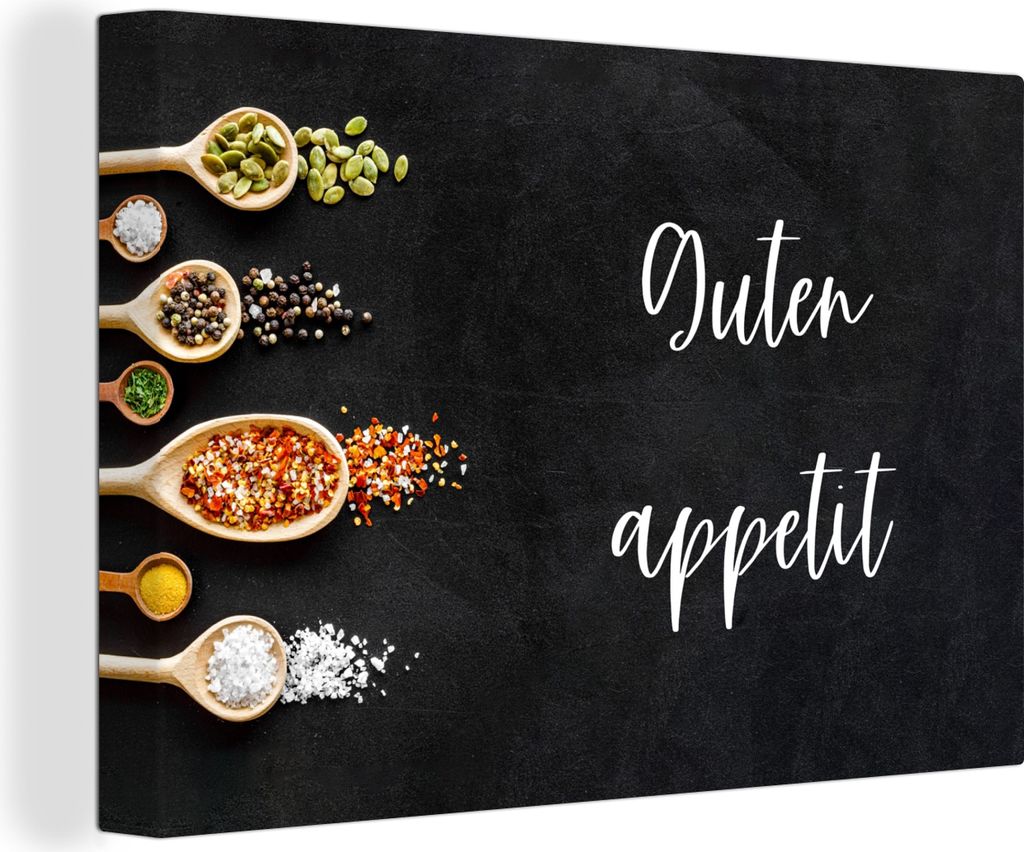 MuchoWow - Leinwandbilder - Guten Appetit - Sprichwörter - Zitate - Bon appetit - Essen, Wandbild, Wanddeko Bilder Wohnzimmer, 60x40 cm