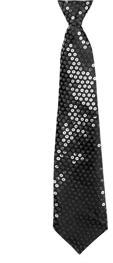 A black tie with silver sequins against a white background.