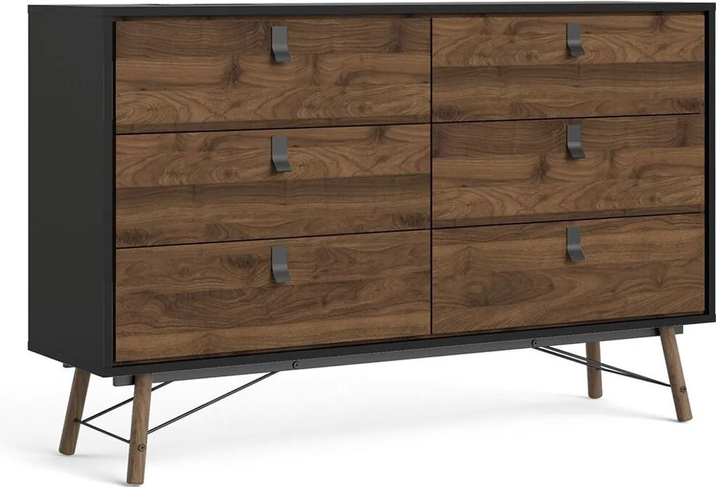 Commode large Rye 6 tiroirs noir mat et noyer - Finition haut de gamme