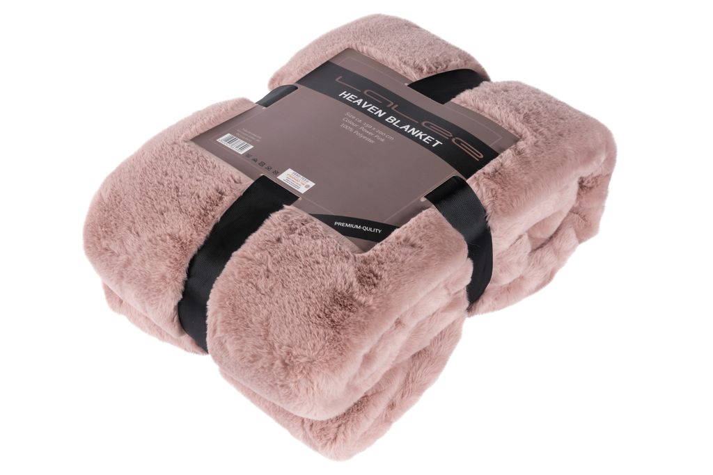 A folded pink faux fur blanket with black straps and a product label.