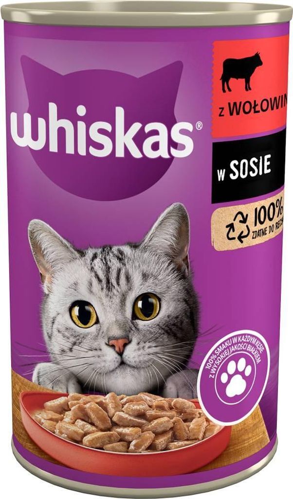 A can of Whiskas cat food with a picture of a cat on the front.
