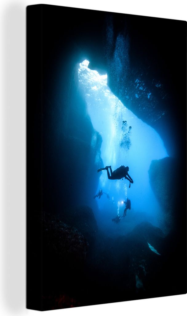 OneMillionCanvasses - Leinwandbilder - 90x140 cm, Taucher in einer Meereshöhle, Wandbilder Kunstdruck Wanddekoration - Wandschmucke - Schlafzimmer