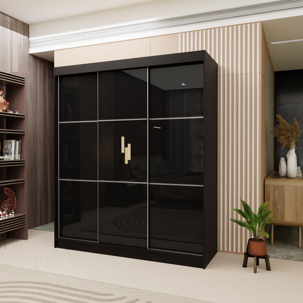 180 cm Kleiderschrank mit Schiebetüren Lumina Moderner Kleiderschrank mit silbernen Sprossen Kleiderschrank fürs Schlafzimmer mit dekorativem Lac...