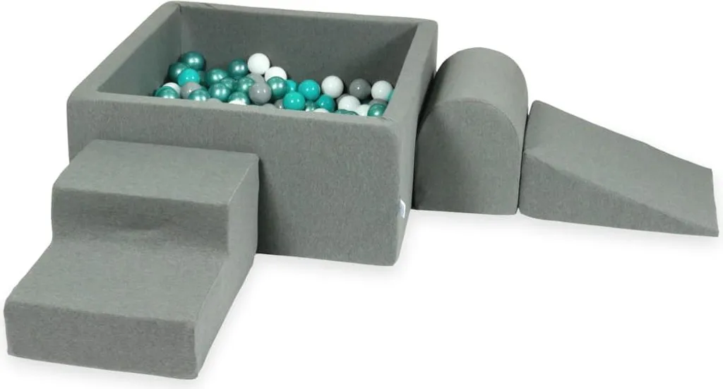 Espace d'éveil bébé avec piscine à balles grise et 400 balles de jeu colorées