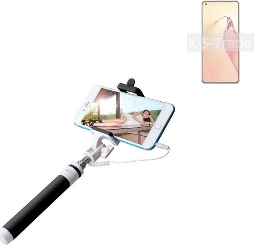 K-S-Trade Selfie Stick kompatibel mit Oppo Reno8 Pro Selfiestick kabelgebunden Monopod mit Kabel Stab Stange Selfportrait Handheldstick schwarz 1x