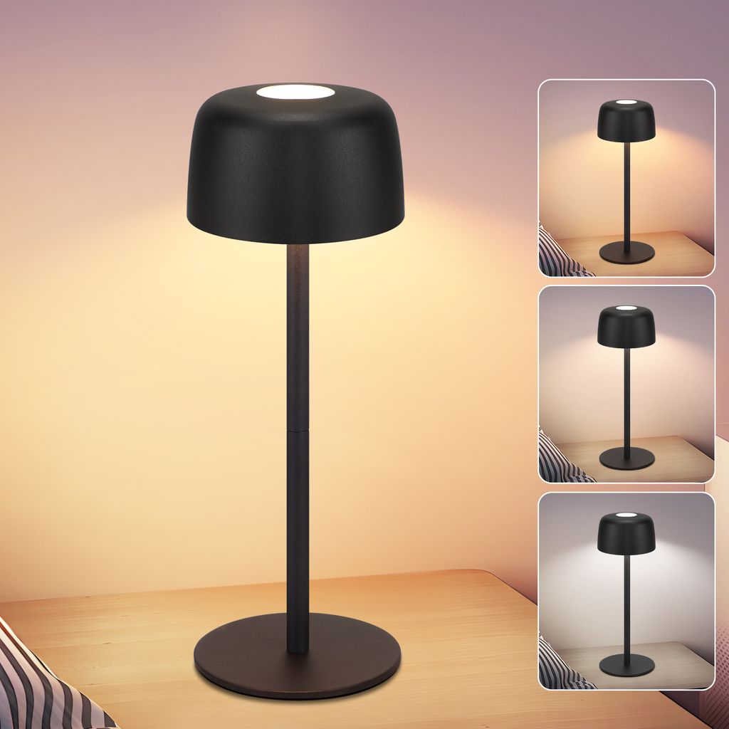 A black LED table lamp with a round base and a mushroom-shaped shade is shown on a wooden surface. The lamp is lit, casting a warm glow. Insets show the lamp in different lighting conditions.
