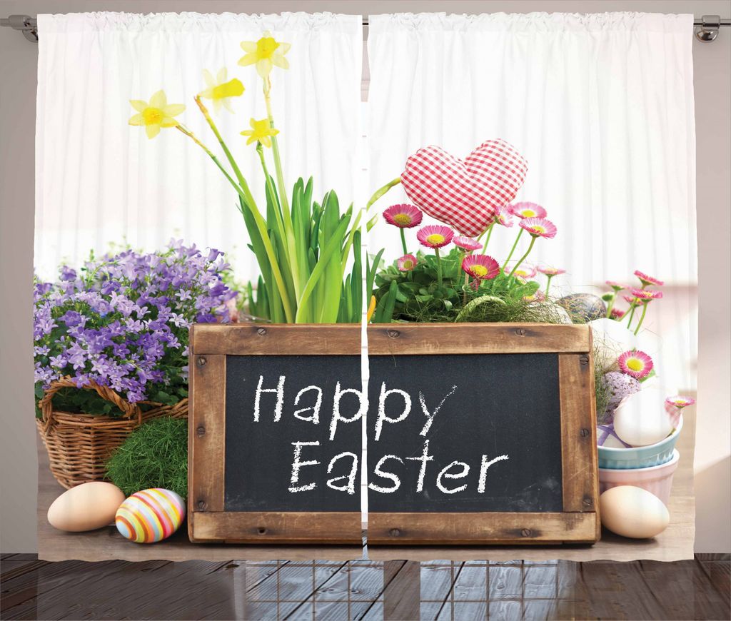 ABAKUHAUS Ostern Rustikaler Gardine, Blumen Eier auf Tabelle, Schlafzimmer Kräuselband Vorhang mit Schlaufen und Haken, 280 x 245 cm, Mehrfarbig