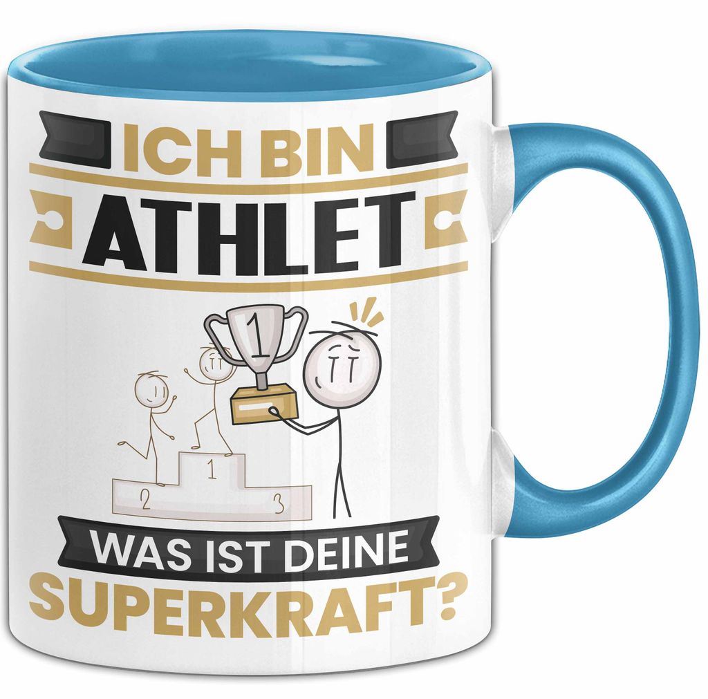 Athlet Tasse Geschenk für Athlet Geburtstag Lustiger Spruch Kaffee-Becher Was Ist Deine Superkraft (Blau)