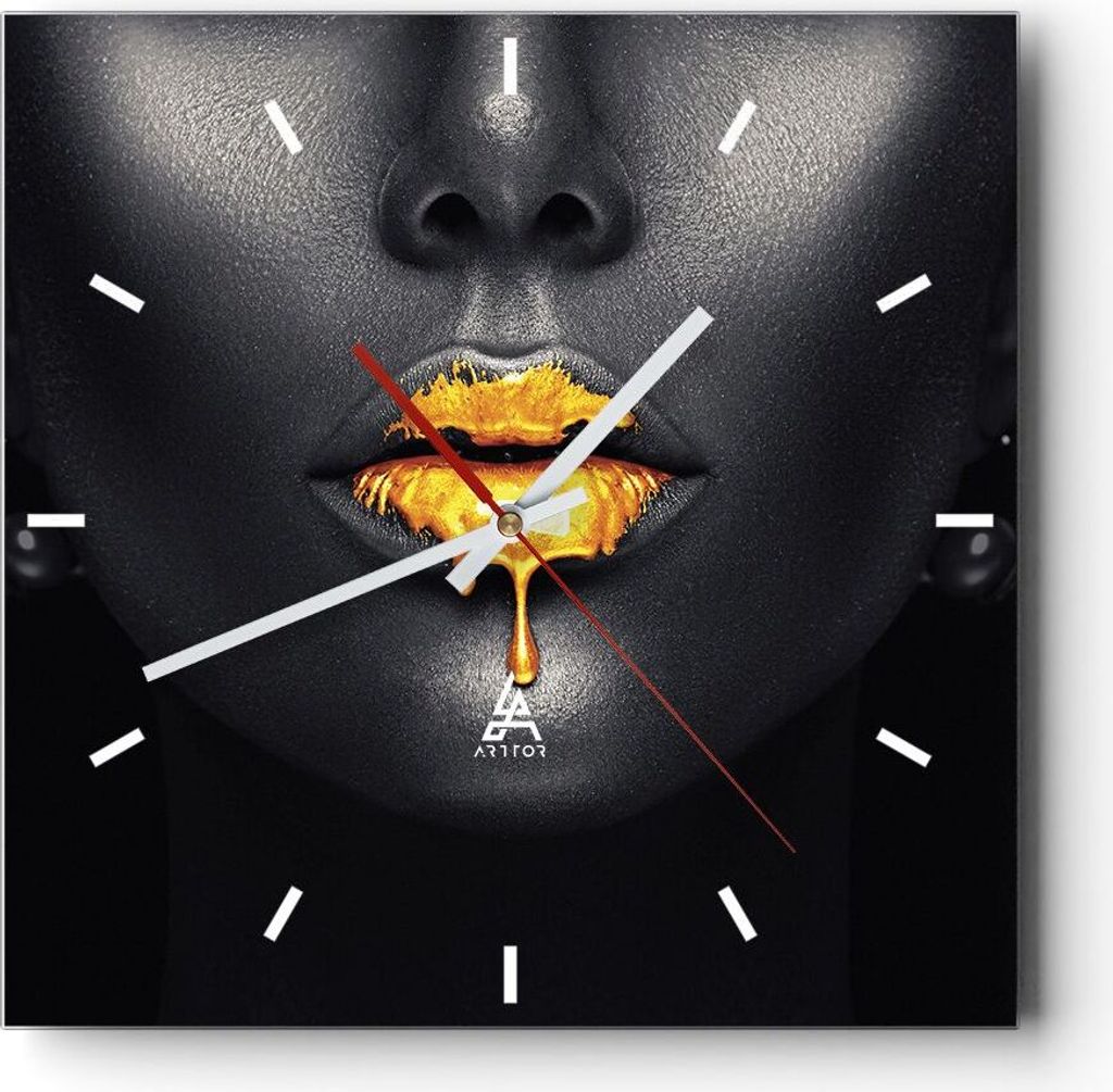 Wanduhr - Quadrat - Glasuhr - Gold Mund Schwarz - 40x40cm - Schleichendes Uhrwerk - Lautlos - zum Aufhängen bereit - Dekoration Modern - Wanddekor...