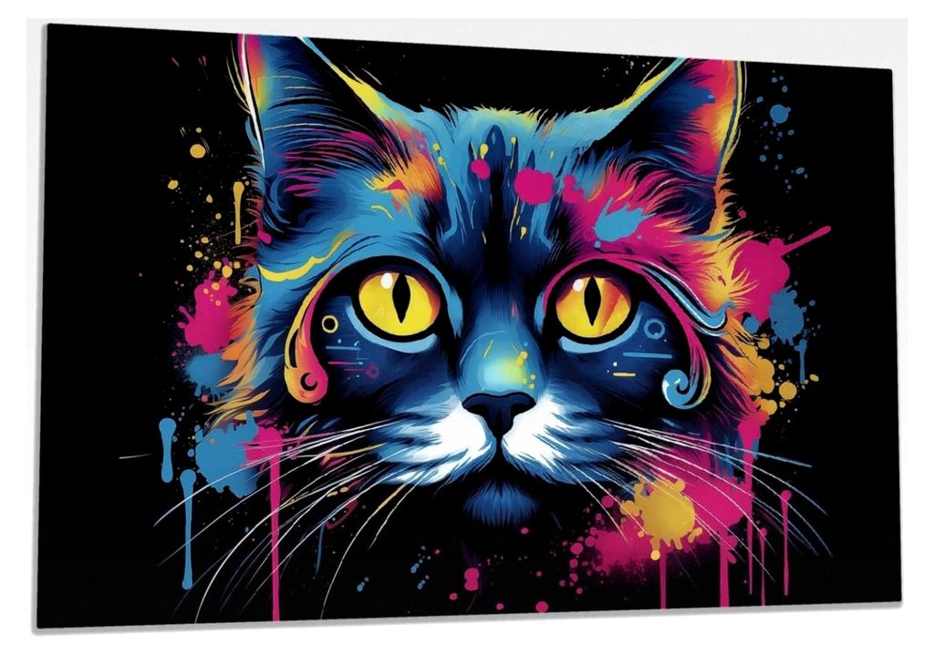 Herdabdeckplatte/Spritzschutz aus Glas, 1-teilig, 80x52cm, für Glaskeramik- und Induktionsherde, Katze im Farbrausch