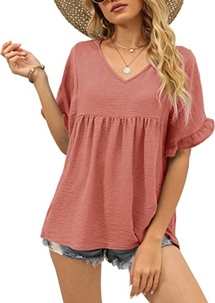 ASKSA Damen T-Shirt V-Ausschnitt Rüschen Kurzarm Shirt Sommer Hemd Tops Babydoll Shirts Oberteile, Rosa, M