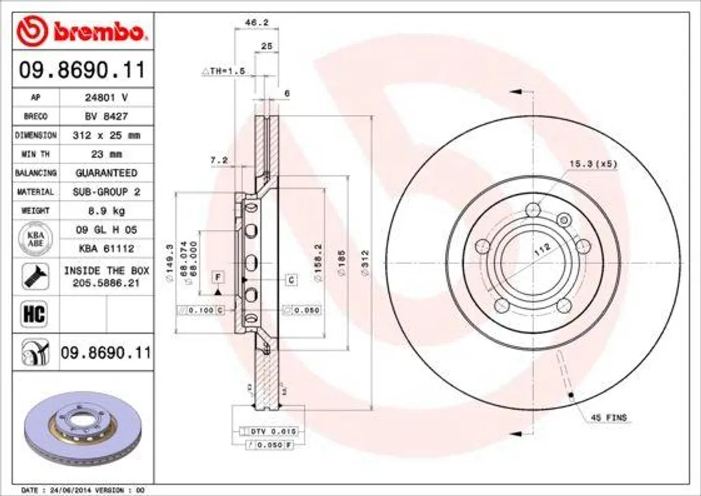 Brembo 09.8690.11 Disque de Frein OE 3B0615301B pour Audi A4 et A6