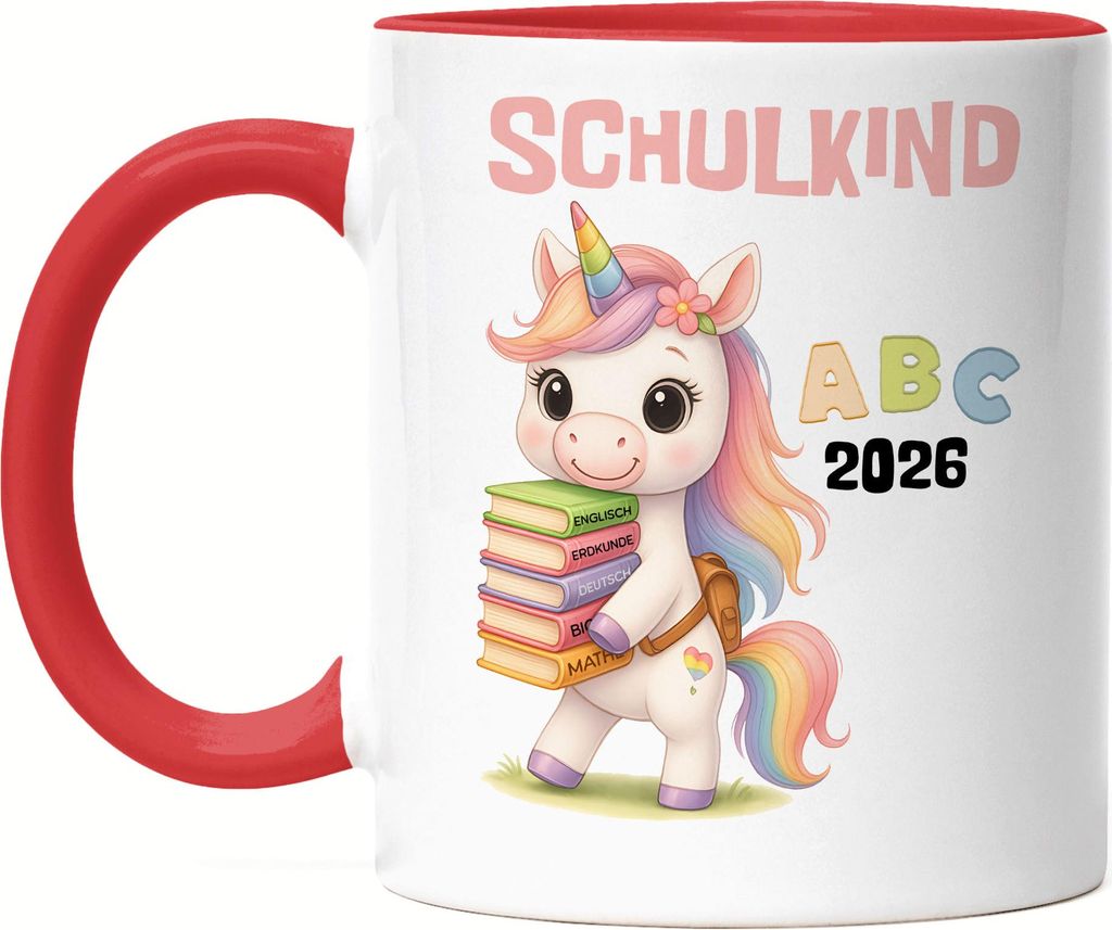 Schulkind 2026 Tasse Rot Einhorn – Originelle Geschenkidee Einschulung, farbenfrohe Schultasse für Mädchen Erstklässler