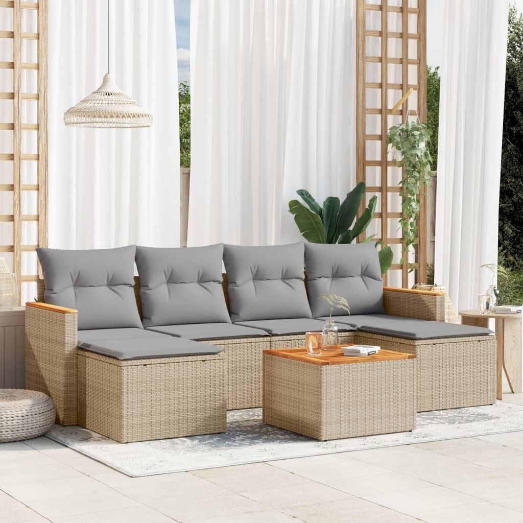 7-tlg. Garten-Sofagarnitur mit Kissen Beige Poly Rattan Produktbild 