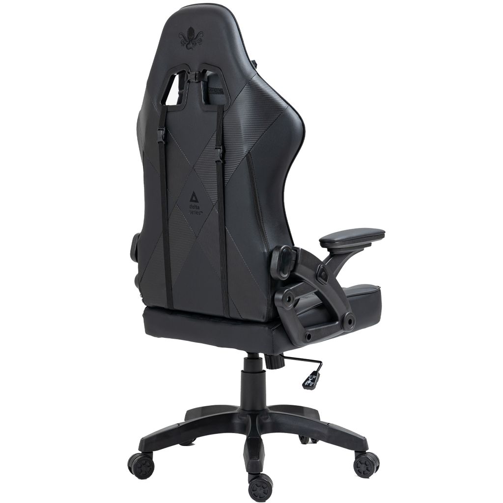 A black gaming chair shown from the back and side.