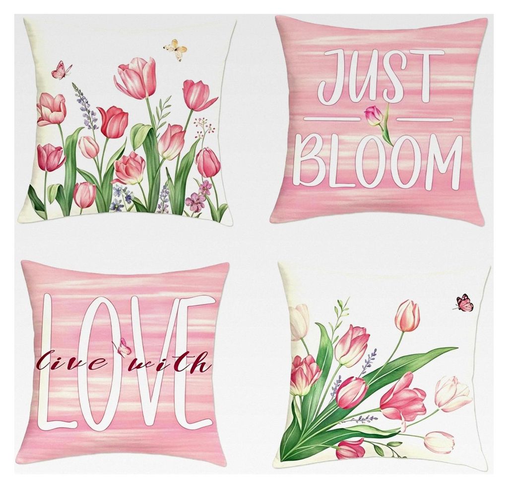 4 Stück Wetterfeste Kissenbezüge für den Außenbereich, 45x45 cm mit Frühlingsmotiven von Tulpen, Rosa Kissenhüllen in Leinenoptik, Dekokissen...