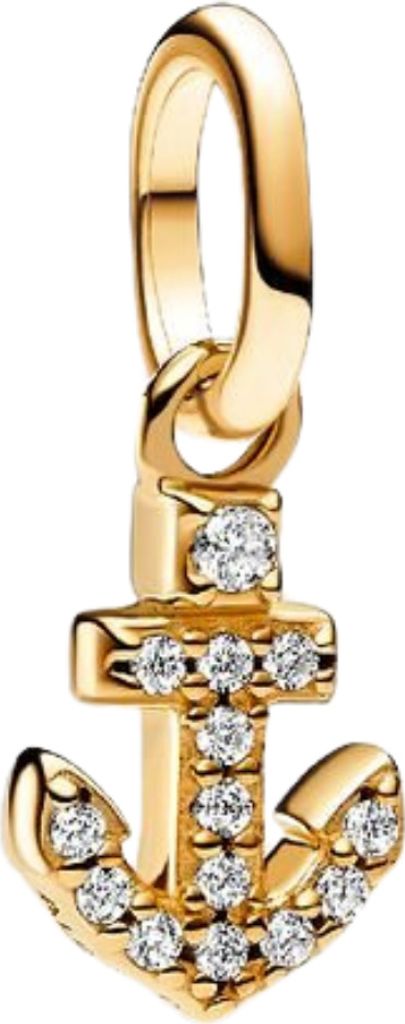 A close-up studio shot of a gold anchor charm with clear stones.