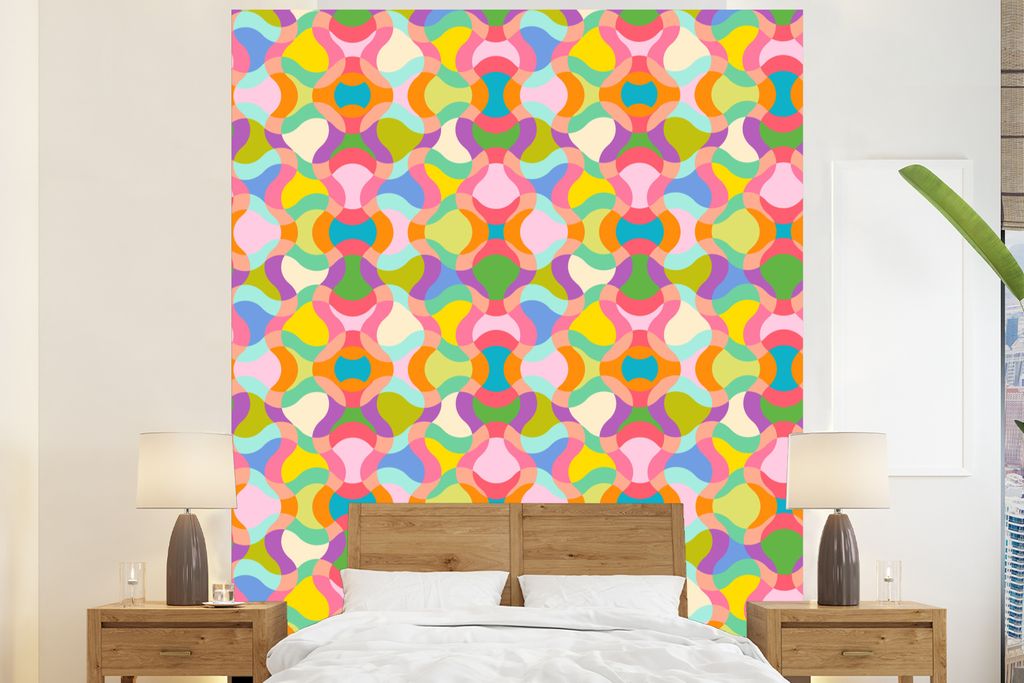 MuchoWow Fototapete für Wohnzimmer oder Schlafzimmer Wandtapete Vinyl Motivtapete Design - Abstrakt - Farben - Retro - 195x240 cm - Gemusterte