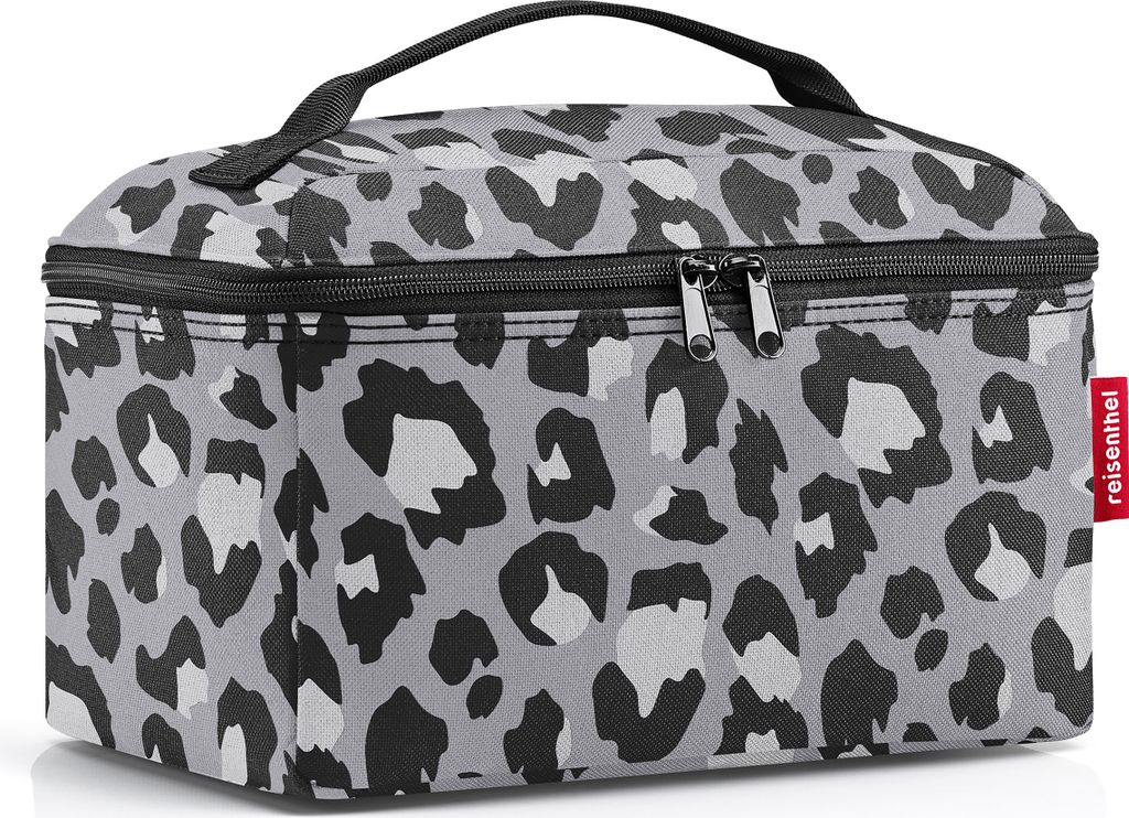A leopard print beauty case on a white background.